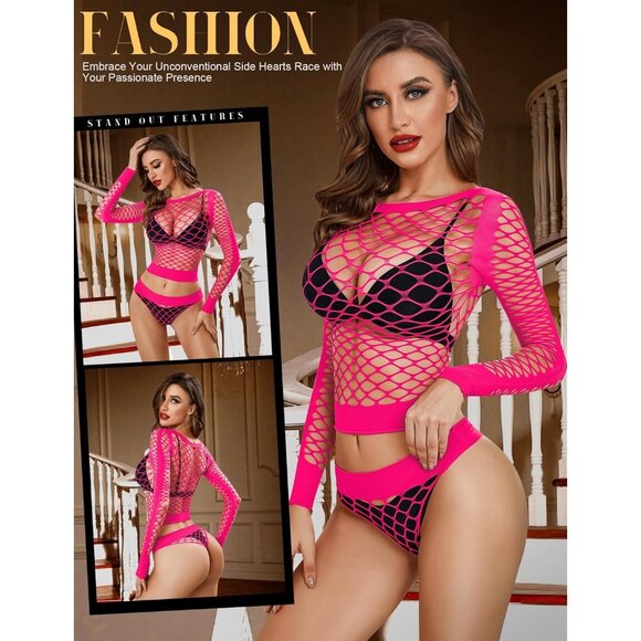 🆕Women Fluorescence Pink Mesh Lingerie Fishnet Bodysuit See Through Baby doll - Picture 3 of 5